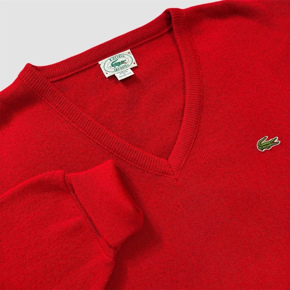 Vintage Izod Lacoste Men's Large Acrylic Red V Neck Sweater Crocodile Croc Logo
